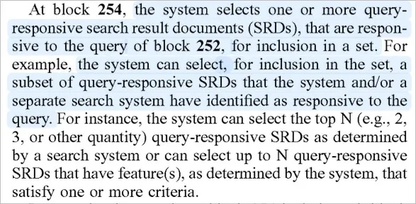 A passage from a document highlights steps in a system where, at block 254, query-responsive search result documents (SRDs) to the query of block 252 are selected and filtered for inclusion using AI Search based on set criteria.