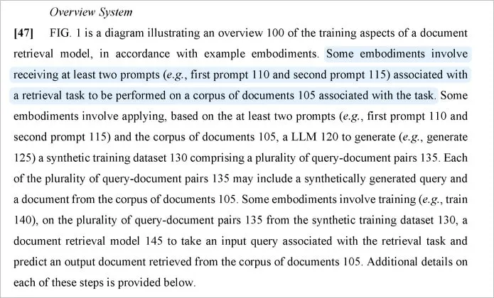 A screenshot of a patent document describing a diagram overview of training a document retrieval model for AI search. A section of text is highlighted, discussing embodiments receiving at least two prompts with a retrieval task on a corpus of documents.