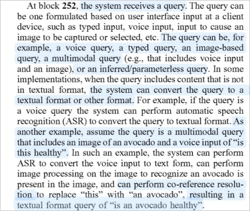 A textbook excerpt discusses how a system with AI search receives queries in various formats, such as voice or image-based, and can convert these queries—including an image of an avocado and the voice input “is this healthy?”—to textual form.