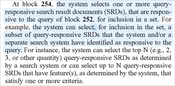 A passage from a document highlights steps in a system where, at block 254, query-responsive search result documents (SRDs) to the query of block 252 are selected and filtered for inclusion using AI Search based on set criteria.