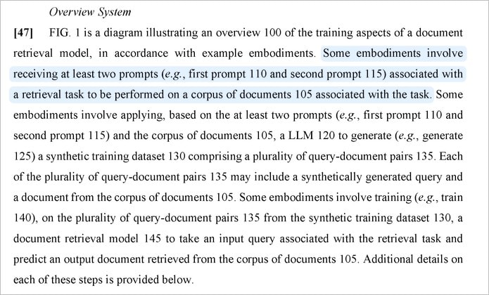 A screenshot of a patent document describing a diagram overview of training a document retrieval model for AI search. A section of text is highlighted, discussing embodiments receiving at least two prompts with a retrieval task on a corpus of documents.